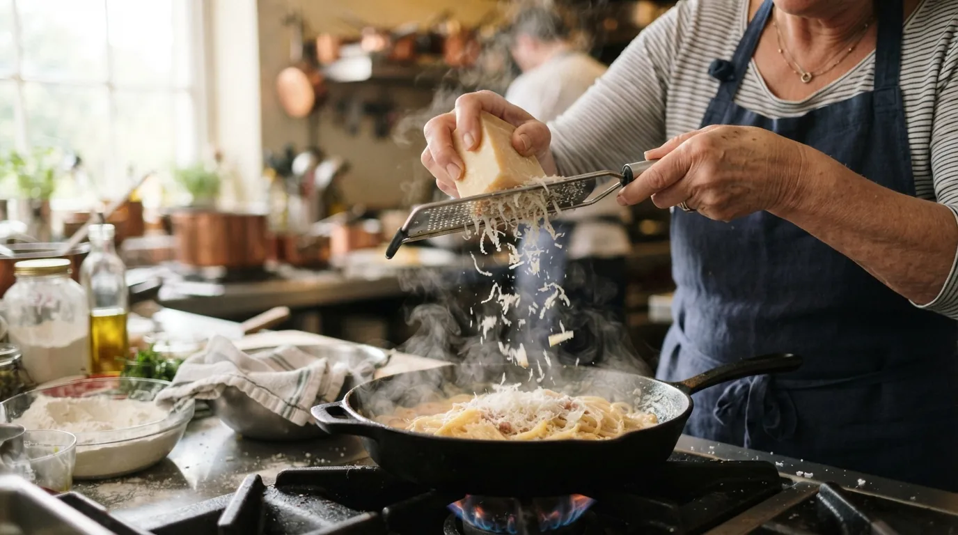 Mãos ralando parmesão sobre uma frigideira no fogão