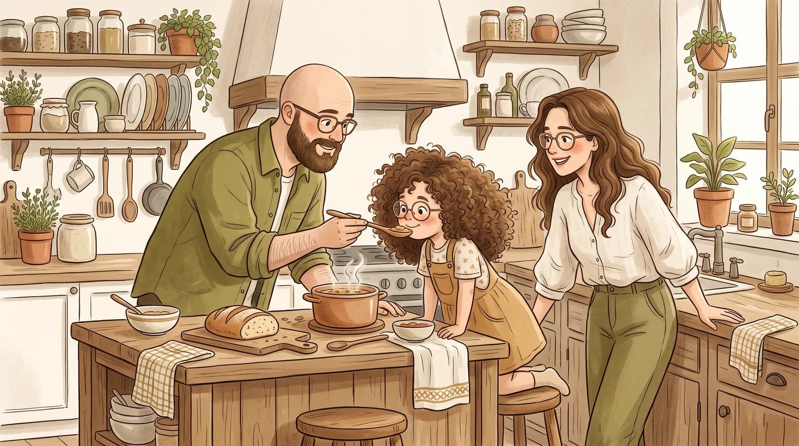 Ilustração da família MontFarnel provando a comida na cozinha de casa