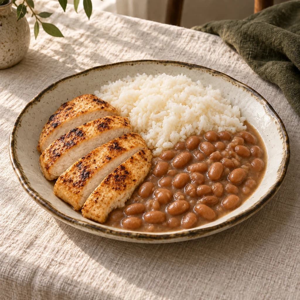 Prato de Frango salteado da casa com Arroz ao caldo, Feijão com calabresa